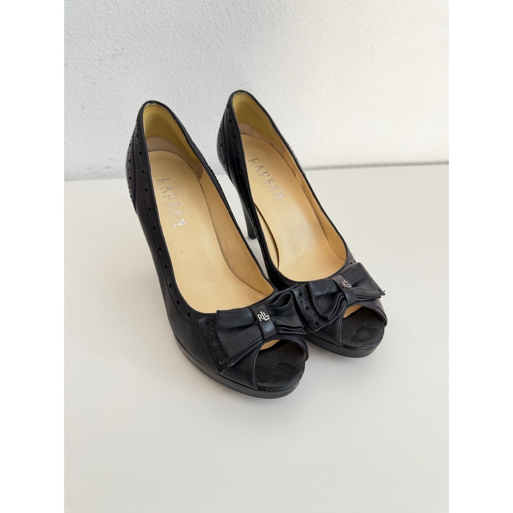 Lauren Ralph Lauren Black Leather Peep Toe Bow Platform Pumps Heels Womens 6M